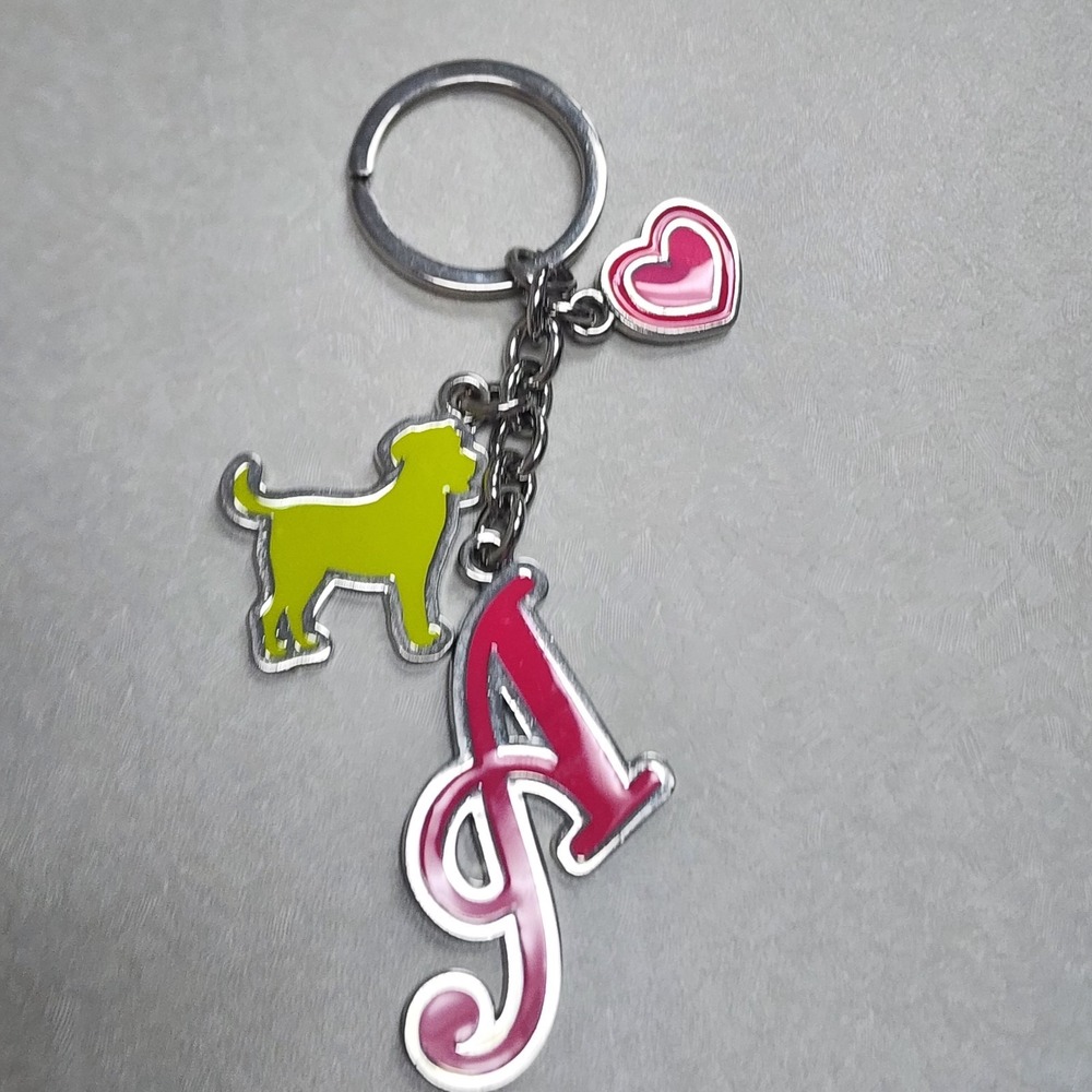 Old Navy Keychain Dangle "A", Dog, Heart Silver Charms Key Ring